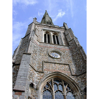 St John the Baptist, Thaxted Church - From Pevsner: "The spire, it is true, was struck by lightning in 1814, and 
had to be rebuilt, but the reconstruction was accurate."
