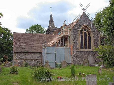 All Saints, Hutton Church - The first time I visited All Saints, it was, to be honest, a bitter disappointment. Scaffolding was over much of the church, and, being such a small building, it consumed all available character instantly.
 
There was a time when I would have simply replaced this 'work in progress' picture. However, since a request from a charitable body, to use one such picture (of Aveley), I have decided to keep suitable images on the site, and to simply add 'better' ones later on.