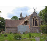 All Saints, Hutton Church - The first time I visited All Saints, it was, to be honest, a bitter disappointment. Scaffolding was over much of the church, and, being such a small building, it consumed all available character instantly.
 
There was a time when I would have simply replaced this 'work in progress' picture. However, since a request from a charitable body, to use one such picture (of Aveley), I have decided to keep suitable images on the site, and to simply add 'better' ones later on.