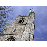 St Andrew, Hornchurch Church - This view directly up the W front of the tower shows the sheer height of the spire and tower combined. Note the small bell across the top window.
