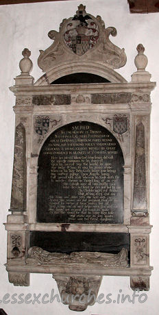 St Andrew, Hornchurch Church - SACRED to the memory of Thomas Withrings Esq cheife postmaster of Great Brittaine & Forreigne parts. Second to none, for unfathom'd pollicy unparralleld sagacious & diving genious. Witness his great correspondency in all parts of ye christian world.

	Here lies inter'd whom God from hence did call
	By speedy summons to his funerall
	Upon his sacred Day the world by love
	May judge it was to sing his praise above
	When on his way unto God's house love brings
	Him swifter passage upon Angells wings
	Full spread with zeale whereon his Soule doth fly
	To mercies throne in Twinckling of an eye
	... This Epitaph may all him justly give
	... who dies in Christ he dies not but to live
	... ... In Christo mori est vivere
	... ... Obijt Ano Dni 1651, Aetat suae 55
	His Sonne and Heire with Him here doth lye
	Scarce five yeares old but pregnant then did dye
	Hopefull for virtue of those yeares but all
	Both young and old must hence when God doth call
	And happy are so good exchange to make
	Of this vile world for that to come they take
	... Obijt aetatis suae Ano sere quinto
	... Filius sane tasi Patrae digniffimas

