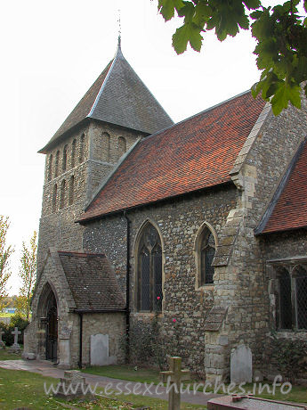 St Mary, Corringham Church - 


The tower is described by Pevsner as "one of the most 
important Early Norman monuments in the county". 
This un-buttressed tower has two tiers of large flat blank 
niches below the parapet. The middle niche of the upper row on each side is 
pierced, and has a colonnette set in, as can be seen from this image. These 
pierced niches serve as a bell opening. The tower is topped by a pyramid roof.







