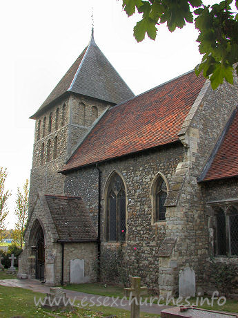 St Mary, Corringham Church - 


The tower is described by Pevsner as "one of the most 
important Early Norman monuments in the county". 
This un-buttressed tower has two tiers of large flat blank 
niches below the parapet. The middle niche of the upper row on each side is 
pierced, and has a colonnette set in, as can be seen from this image. These 
pierced niches serve as a bell opening. The tower is topped by a pyramid roof.







