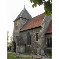 St Mary, Corringham Church - 


The tower is described by Pevsner as "one of the most 
important Early Norman monuments in the county". 
This un-buttressed tower has two tiers of large flat blank 
niches below the parapet. The middle niche of the upper row on each side is 
pierced, and has a colonnette set in, as can be seen from this image. These 
pierced niches serve as a bell opening. The tower is topped by a pyramid roof.







