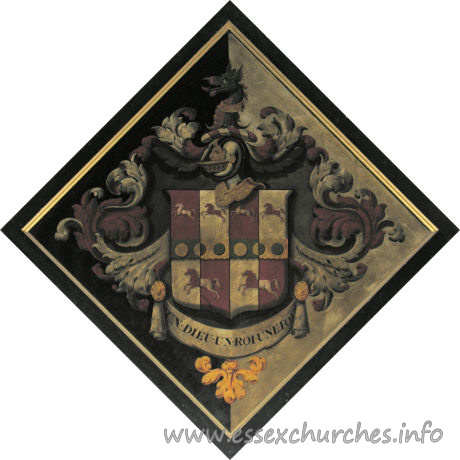 St Mary, Elsenham Church - For George Rush, of Elsenham Hall, who married, in 1810, Clarissa, daughter of Sir William Beaumaris Rush, and died 10 May 1851, aged 66. She died 14 Jan 1876, aged 89.
 
Details taken from Hatchments in Britain: 6, Edited by Peter Summers