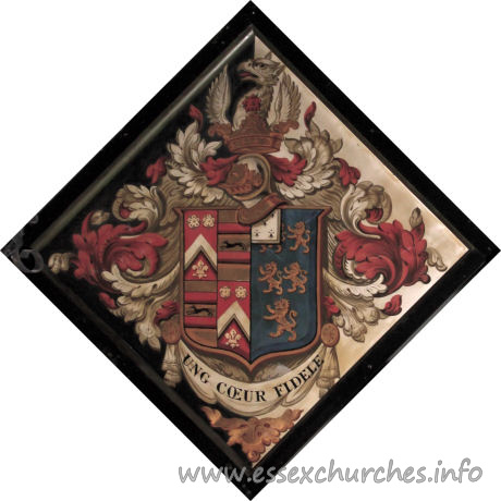 St Germain, Bobbingworth Church - For Capel Cure, of Blake Hall, who married, in 1822, Frederica, daughter of Lt.-Gen. Cheney. of Langley Hall, Derby, and died 1st February 1878, aged 80.
 
Details taken from Hatchments in Britain: 6, Edited by Peter Summers