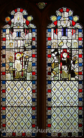 St Edmund, Abbess Roding Church - Stained glass depicting a Bishop and a female saint. This is surrounded by tabernacle-work.