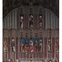 St Alban, Westcliff-on-Sea Church - 


The East Wall, behind the High Altar, is the Westcliff World 
War One War Memorial. 
The figures, from top to bottom, left to right, are: 
The Virgin Mary, Jesus, St. Alban 
St. David, St. George, The Magi, Virgin and Child, St. Andrew, 
St. Patrick.



