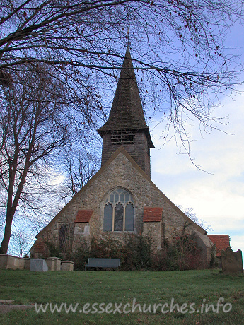 St Peter, Thundersley Church - The church looks ready to pounce from this angle. This view 
also shows the incredibly low eaves that are no more than nine feet from the 
ground.


