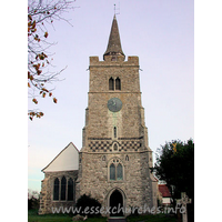 All Saints, Barling Church - From the church's own guide: 
The tower, with it's embattled parapet, was added in the early 
15th century. The short, shingled spire is modern in comparison, though it was 
mentioned by Philip Morant in his 'History of Essex' (1768).

