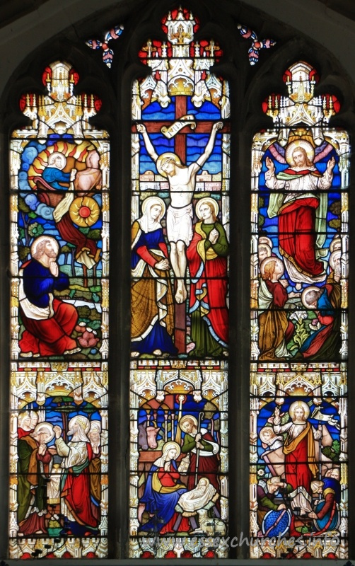 All Saints, Barling Church - Glass - 5 sections show Christ's Life === His nativity; His trial before Caiaphas; His crucifixion; His resurrection; His Ascension. === The remaining section shows Elisha, the servant, 
watching Elijah, his master, ascending by chariot into heaven.