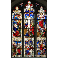 All Saints, Barling Church - Glass - 5 sections show Christ's Life === His nativity; His trial before Caiaphas; His crucifixion; His resurrection; His Ascension. === The remaining section shows Elisha, the servant, 
watching Elijah, his master, ascending by chariot into heaven.