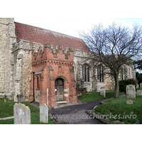 Holy Trinity, Rayleigh Church - 


This brick porch conceals a C13 South doorway. The porch 
itself has two-light brick side windows, and is crowned with stepped battlements 
upon a trefoil-arched corbel frieze.


