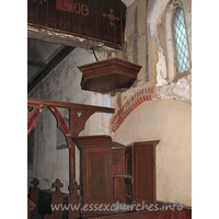 St Mary, Mundon Church - 



The pulpit, directly in front of the blocked early C16 archway 
that would have once lead into the S chapel.



