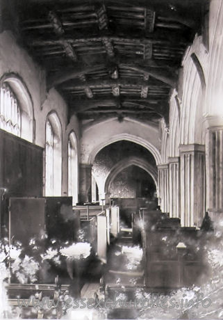 , St%Osyth Church - The North Aisle
 
Presented by Kathleen Norman, in loving memory of her father, Arthur Norman, who took the photographs before the last restoration - in 1900.
From a photo on display in the church.