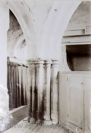 St Peter & St Paul, St Osyth Church - St. Clere's Pew at end of South Aisle
 
Presented by Kathleen Norman, in loving memory of her father, Arthur Norman, who took the photographs before the last restoration - in 1900.
From a photo on display in the church.