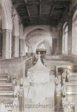 St Peter & St Paul, St Osyth Church - The South Aisle
 
Presented by Kathleen Norman, in loving memory of her father, Arthur Norman, who took the photographs before the last restoration - in 1900.
From a photo on display in the church.