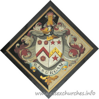 St John, Finchingfield Church - For Thomas Ruggles, of Spains Hall, who married 2nd, 1799, Jane Anne, daughter of John Freeland, of Cobham, Surrey, and died 17 November 1813, aged 68.
 
Details taken from Hatchments in Britain: 6, Edited by Peter Summers