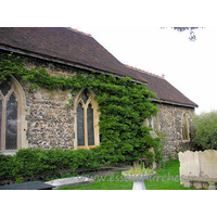 St James, West Tilbury Church - 


The S side of the church. Nigel, the new owner of St James', 
told me that this plant covering the wall is wisteria. It must look lovely with 
it's cascading lilac blooms.











