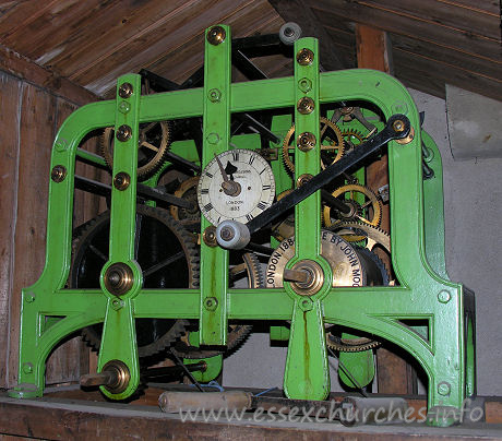 St James, West Tilbury Church - 



The clock workings, by John Moore & Sons, Clerkenwell, London. 
1883.
The brass wheel to the lower right appears to be dated 1884.
 













