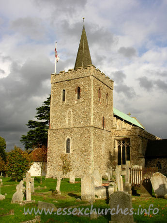St Mary the Virgin, Great Bardfield Church - From the church's guide - "...the interior of the Church became so damp that in 1990 it was decided to excavate a dry area around the perimeter. During these excavations,
a lower foundation was revealed, which according to the County Archaeology Department suggests that the original tower foundations were badly laid and misaligned and that 
this was only corrected when the tower structure was actually built in the 12th century..."