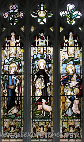 St Mary the Virgin, Great Bardfield Church - Chancel N wall - Three Girl Saints.
St Margaret, St Agnes & St Cecilia.
In memory of Adela Minna Lampet, who died, aged 13 years on November 14th 1873.