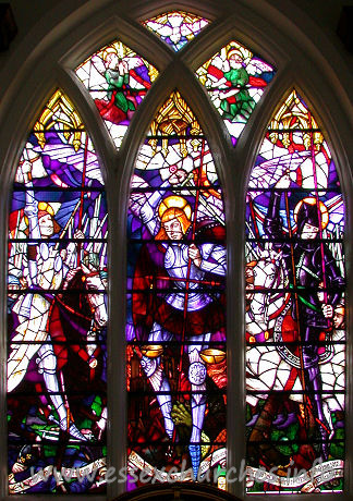 St Michael, Theydon Mount Church - 


The East window, depicting St Michael's war in heaven against 
Lucifer, the rebel Archangel - afterwards called Satan, was given in memory of 
Major Charles Hunter and his wife. It has recently been restored, to prevent 
damage due to bending lead fittings.
















