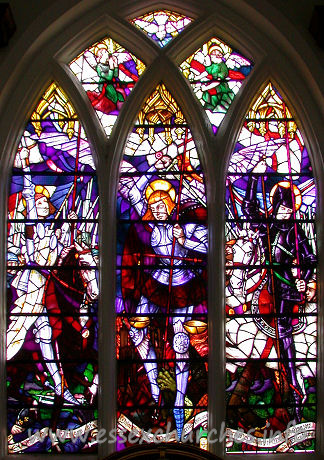 St Michael, Theydon Mount Church - 


The East window, depicting St Michael's war in heaven against 
Lucifer, the rebel Archangel - afterwards called Satan, was given in memory of 
Major Charles Hunter and his wife. It has recently been restored, to prevent 
damage due to bending lead fittings.
















