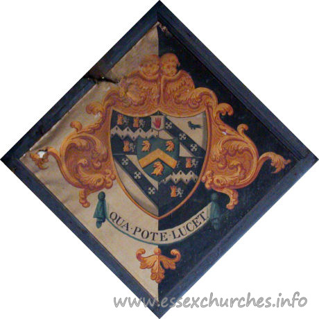 St Michael, Theydon Mount Church - 




This is the hatchment of Anne Bowyer, wife of Sir 
William Smijth, 7th Bt. She died 1815, and was survived by her husband.



