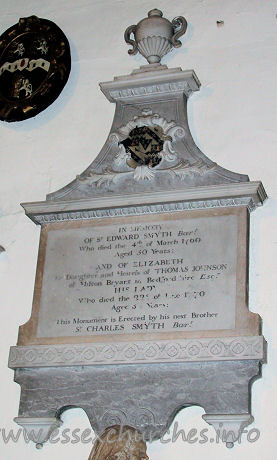 St Michael, Theydon Mount Church - 



	IN MEMORY
OF Sr EDWARD SMYTH Barr
Who died the 4th of March 1760
Aged 30 Years;

AND OF ELIZABETH
the Daughter and Heiress of THOMAS JOHNSON
of Milton Bryant in Bedfordshire esqr
HIS LADY
Who died the 22nd of June 1770
Aged 34 Years;

This Monument is Erected by his next Brother
Sr CHARLES SMYTH Barr


















