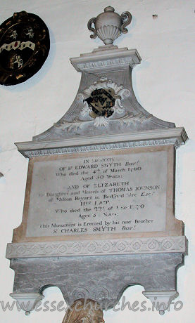 St Michael, Theydon Mount Church - 



	IN MEMORY
OF Sr EDWARD SMYTH Barr
Who died the 4th of March 1760
Aged 30 Years;

AND OF ELIZABETH
the Daughter and Heiress of THOMAS JOHNSON
of Milton Bryant in Bedfordshire esqr
HIS LADY
Who died the 22nd of June 1770
Aged 34 Years;

This Monument is Erected by his next Brother
Sr CHARLES SMYTH Barr


















