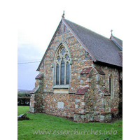 St Lawrence & All Saints, Steeple Church - 


This church's most distinctive feature is its masonry. 
Built by architect F. Chancellor, 1884, his brown stone walls 
have mixed in, completely randomly, bricks at all angles.
