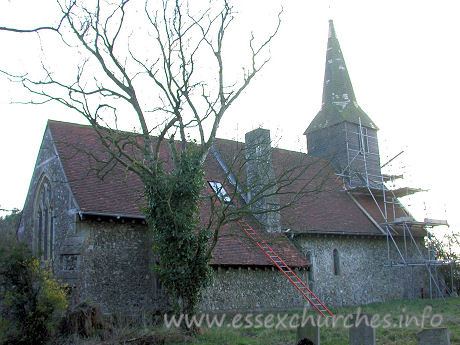 St Mary, Ramsden Crays Church - Despite the church now undergoing conversion into a private 
dwelling, the churchyard is still open and used for burials. 
The main fabric of the church dates from 1871, when a major 
rebuild was undertaken. Some materials from the original 14th century church 
were reused however, including the windows and the belfry with its broach spire.


