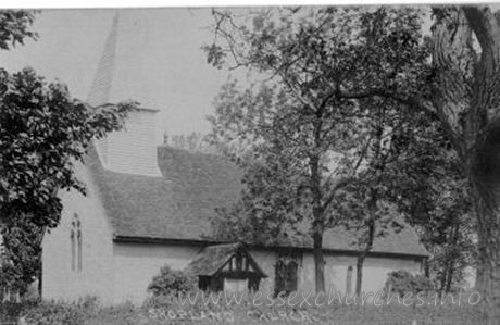 St Mary, Shopland Church - This church consisted of a Norman nave and chancel, with a 
weatherboarded belfry. The chancel was built early C14. 
The font from St Mary's can now be found at St 
Nicholas, Canewdon, whilst the south porch still stands outside St Thomas, 
Bradwell-on-Sea.
Many thanks to Andy Barham for supplying this image. You can visit Andy's "Lost Churches of Essex" site by clicking here.
