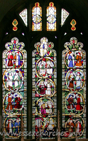 St Margaret of Antioch, Margaretting Church - From Pevsner
"In the three-light E window the Tree of Jesse, much 
restored, yet impressive as a complete C15 composition : four medallions with 
two figures each in the side lights, Jesse, three medallions, and the seated 
virgin in the centre light."




