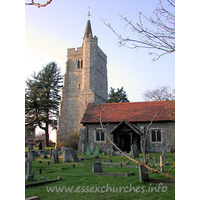 St Mary, Runwell Church - The W tower is constructed from Kentish ragstone. It is 
diagonally buttressed, and has a round stair turret. St Mary's as a whole is 
basically late fourteenth century.




