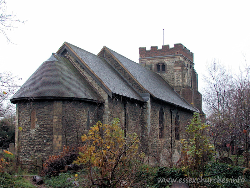 St Mary Magdalene, East Ham Church - The church viewed from the northeast, on a rather wet day. The 
most striking feature of this church must surely be the apsidal chancel.
