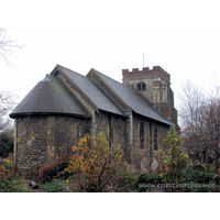 St Mary Magdalene, East Ham Church - The church viewed from the northeast, on a rather wet day. The 
most striking feature of this church must surely be the apsidal chancel.
