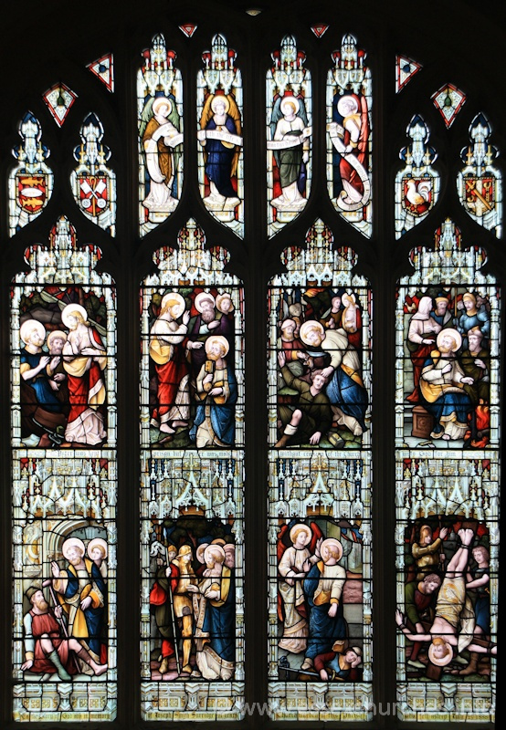 St Peter ad Vincula, Coggeshall Church - In this window is shown forth the life and martyrdom of St Peter, a servant and an apostle of Jesus Christ === Peter was kept in prison, but prayer was made without ceasing of the Church unto God for him === To the Glory of God and in memory of Joseph Smith Surridge, 21 years Churchwarden of this parish, who fell asleep July 23 1888.