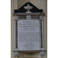 St Peter ad Vincula, Coggeshall Church - In memory of Henry Skingley, who departed this life Aug 3rd 1793 aged 53 years. === Pause here ye friends, whose footsteps this way tend. Times on the Wing, soon will your moments end. Perhaps you boast of Health and Wealth enjoy. Death in an instant can your Hopes destroy. Forsake the Path of Vice that fatal Road. Fix your dependance on your Saviour's Blood. Now, in the Space for true Repentance given; Learn to do well, and walk the road to Heaven, Now bend your thoughts on that eternal Reft, Where Sorrows cease, and be forever blest. === Also of Mary his wife who departed this left November 30th 1815, Aged 75 years.