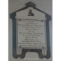 St Peter ad Vincula, Coggeshall Church - Sacred to the memory of the RICHARD WHITE TOWNSEND who died July 7th 1823 Aged 32 years. === Also of HELEN EMM TOWNSEND who died September 30th 1818, Aged 8 months. === And of his son ARTHUR TOWNSEND, died November 3rd 1879, Aged 63 Years. Buried at Shalstone, Bucks.