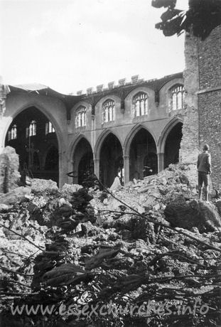 St Peter ad Vincula, Coggeshall Church - One of a series of 8 photos bought on eBay. Photographer unknown.
 
"From the foot of the Tower showing destruction of the North Wall and roof." - dated September 1940.