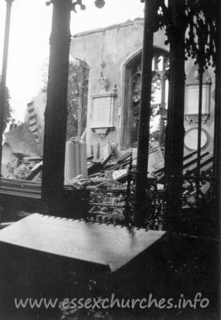 St Peter ad Vincula, Coggeshall Church - One of a series of 8 photos bought on eBay. Photographer unknown.
 
"From the choir stalls, showing only remaining part of North wall." - dated September 1940.