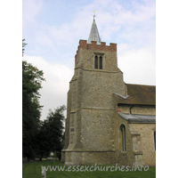 St Mary the Virgin, Henham Church - The tower dates from C14. It has diagonal buttresses, which extend into the nave, underpinned by a squinch. The brick battlements are later, as is the lead 'spike' spire.