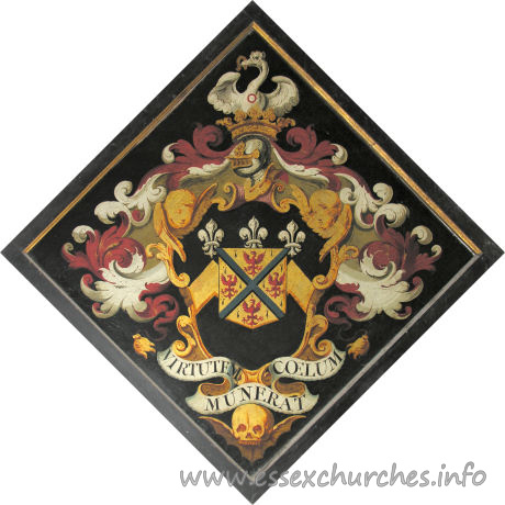 St Mary the Virgin, Henham Church - For Samuel Feake, who married Anne, daughter and heir of John Hampton, of Hampden, and died 16 June 1757. She died 10 May 1723, aged 34.
 
Details taken from Hatchments in Britain: 6, Edited by Peter Summers