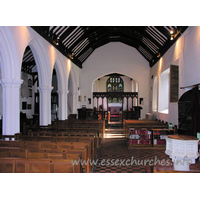 All Saints, Nazeing Church - Shot from the back of the church, looking towards the chancel. The N aisle is clearly visible. The piers are of the four shaft/four hollow type. The N aisle dates to C15.