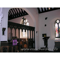 All Saints, Nazeing Church - More evidence of the rood screen - on the S wall, above the lectern, is the other end of the rood beam. Direct above is what appears to the the remains of the front/top part of the rood screen itself. This is shown more clearly in the "Misc." section.