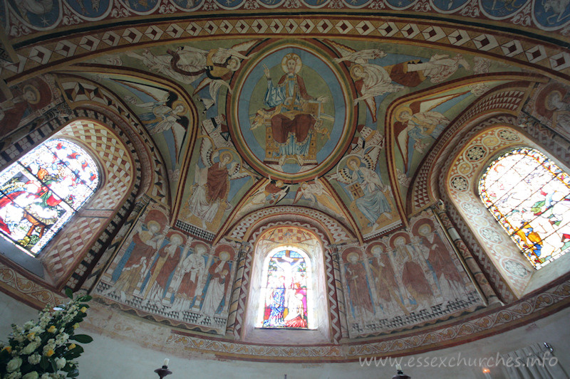 St Michael & All Angels, Copford Church - The apse shown here has had it's paintings heavily restored. They were discovered in 1871-2, whilst repairs were underway by Slater & Carpenter. The paintings were overpainted by Daniel Bell, who was also responsible for the N apse window.