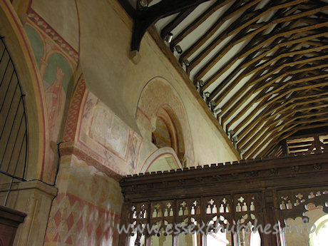 St Michael & All Angels, Copford Church - A clear shot of one of the painted springers, which would once have supported the Norman barrel vaulting of the roof. It is likely that the original barrel vaulting was removed during the 13th and 14th centuries, as it became necessary to punch further windows into the walls.